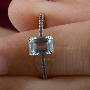 Anillo pavé de aguamarina octogonal de gran tamaño y zafiro azul redondo, oro amarillo macizo de 14 quilates, hecho a mano, regalo de Navidad anticipado.