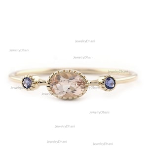 14K Yellow Gold Three Stone Genuine Oval Morganite Blue Sapphire Gemstone Engagement Ring Handmade Jewelry Specials Christmas Day Gift