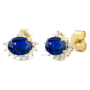 Natural Oval Blue Sapphire Diamond Halo Crown Stud Earrings, Solid 14K Yellow Gold Earrings, September Birthstone Jewelry, Valentine&#39;s Gifts