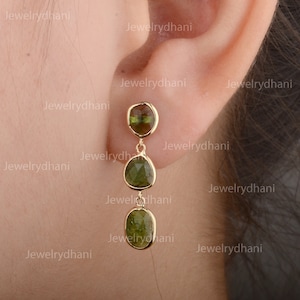 Natural Green Tourmaline Drop Dangle Earrings Solid 14K Yellow Gold Earrings Wedding Engagement Handmade Fine Jewelry Gift Idea.