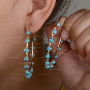 Genuine Turquoise Charm Hoop Tassel Earrings, Solid 14K Yellow Gold Earrings, 50 mm Inner Diameter Earrings, Easter Gifts, Anniversary Gifts