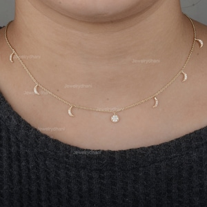 Diamond Moon & Sun Necklace: 14K Yellow Gold Dangle Choker