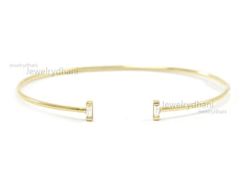 Handmade 14K Yellow Gold Baguette Diamond Open Cuff Bangle