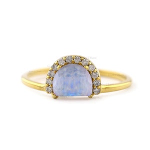 Solid 14K Yellow Gold | Half Sun Ring | Genuine 0.60 Ct. Rainbow Moonstone and Diamond | Half Halo Ring | June Birthstone Jewelry