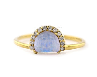 Solid 14K Yellow Gold | Half Sun Ring | Genuine 0.60 Ct. Rainbow Moonstone and Diamond | Half Halo Ring | June Birthstone Jewelry