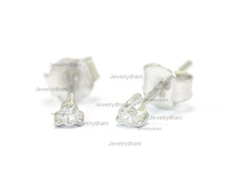 Genuine 14K Solid White Gold Tiny Diamond Solitaire Stud Earrings Wedding Engagement Mini Stud Handmade Minimalist Jewelry Special Gift Idea