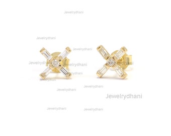 Genuine 0.24 Ct Baguette Diamond X Stud Earrings Solid 14K Yellow Gold Cross Delicate Studs Handmade Minimalist Jewelry Special Gift for Her