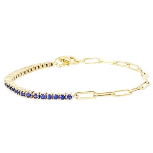 Natural Gemstone Half Tennis Paperclip Link Chain Bracelet Solid 14k Yellow Gold Customize Gemstone Anniversary Jewelry Special Gift for Her