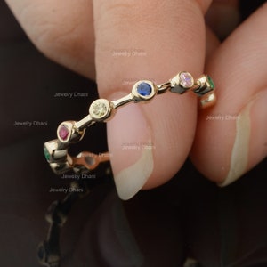 Multi Stone Stackable Gold Ring, Solid 14K Yellow Gold Ring, Multi Sapphire Gold Ring, Handmade Engagement Gold Ring, Valentine&#39;s Day Gifts