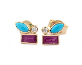 Handmade 18K Gold Ruby Turquoise Diamond Stud Earrings