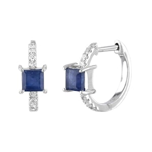 Hoop Earrings Natural Princess Cut Blue Sapphire, Sapphire Diamond Earring, Solid 14K White Huggie Hoop Earrings, Pair Of Two Earrings