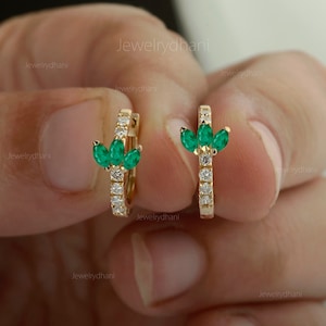 Solid 18K Yellow Gold Hoop Handmade Earrings, Genuine Emerald and Diamond Huggie Hoop Earrings, Diamond Gold Hoop Earring, Mother's Day Gift