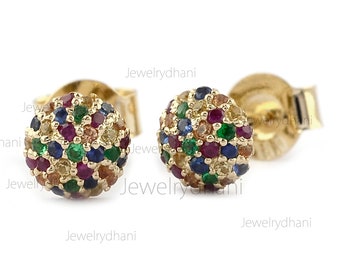 Genuine Multi Sapphire Half Circle Disco Ball Stud Earring Solid 14K Yellow Gold Round Dome Pave Set Mini Stud Wedding Special Gift for her.