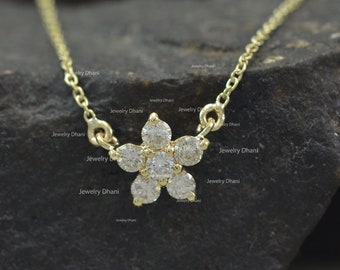 14K Yellow Gold Diamond Flower Necklace: Handmade Solitaire Pendant