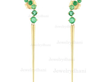 Genuine 0.56 Ct. Zambia Emerald Gemstone Dangle Drop Push Back Earrings Solid 14K Yellow Gold Handmade Fine Jewelry Mother's Day Special