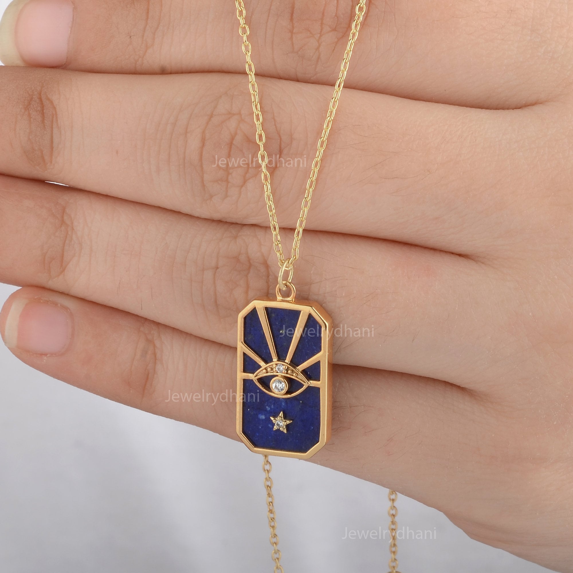 14K Gold Lapis Lazuli Evil Eye Pendant: Diamond Star Charm