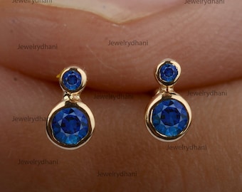 Handmade 14K Gold Blue Sapphire Earrings: Minimalist Studs