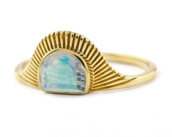 14K Gold Rainbow Moonstone Ring: Handmade Half Sun Jewelry