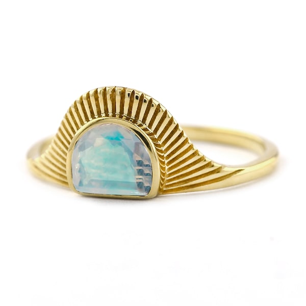 Genuine Rainbow Moonstone Ring/ Gold Half Sun Ring/ June Birthstone Ring/ Handmade Jewelry/ Womens Jewelry/ Fine Jewelry/ Statement Ring