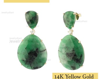 Zambia Emerald Gemstone Pave Diamond Earrings in Solid 14K Yellow Gold Dangle Drop Earrings Engagement Handmade Fashion Jewelry Gift for Her