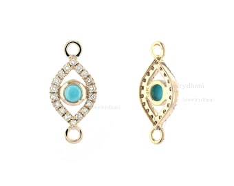 Genuine Sleeping Beauty Turquoise and Diamond Evil Eye Connector Charm Solid 14K Yellow Gold Good Luck Jewelry Protection Special Gift Idea.