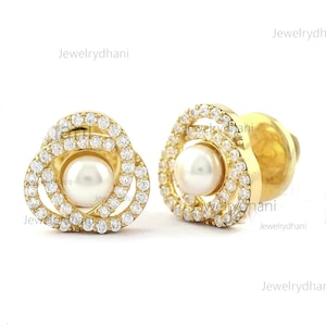 Freshwater Pearl SI Clarity G-H Color Diamond Stud Earrings Solid 14K Yellow Gold bridesmaids Handmade Certificate Jewelry Special Gift Idea