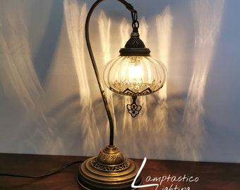 Free UK/EU Led Bulb Luxurious Turkish Oriental Style Blown Pressed Clear Glass Swan Neck Lamp Desk Table Lamp, Bedside Lamp, Statement Light