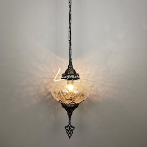 Free UK/EU Led Bulb, 2 Colours Crackle Glass Hanging Pendant Lamp for Bedroom, Kitchen, Restaurant, Bar, Swag Plug In 15 Feet Cord Chain