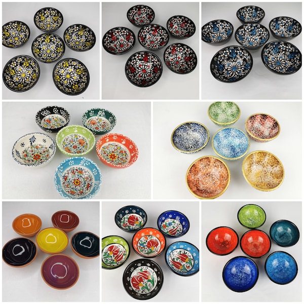 4 Options Small Ceramic Bowls Set of 6 - Snack Bowls for Tapas, Dessert, Nuts, Olive, Soy, 8cm Dip Snack Spices Bowls, Christmas Gift