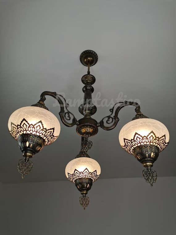 Turkish Moroccan Bohemian Crackle White Glass Ceiling Hanging Chandelier, Home Decor Living Room Bedroom Chandelier, Free UK/EU Led Bulbs