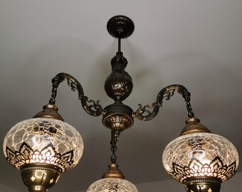 Turkish Moroccan Bohemian Crackle Glass Ceiling Hanging Chandelier, Home Decor Living Room Bedroom Chandelier, Free UK/EU Led Bulbs