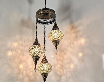 Turkish Laser Blown Glass Chandelier Brushed Brass Finish Ceiling Light ,Cascade Lighting Fixture, Entryway Lamp, Free UK/EU Led Bulbs