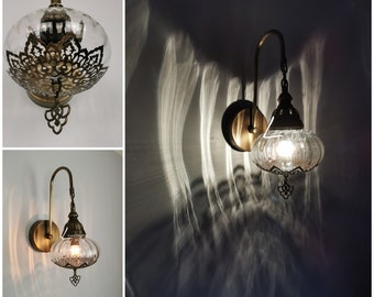 Free UK/EU Led Bulb, Blown Clear Glass Wall Sconce Lamp,Turkish Lamp, Moroccan Lamp, Bohemian Bedroom Wall Light, Plug In Wall Light 6.5Feet