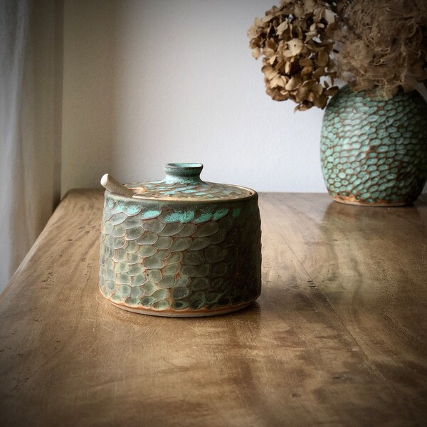 Hand Carved Ceramic Salt/Sugar Pot With Tiny Spoon I • Weathered Green