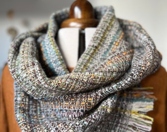 Handwoven luxury lambswool blanket scarf | brown, blue, yellow, ochre and off-white