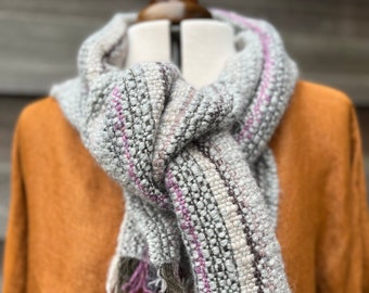 Handwoven luxury lambswool chunky scarf | brown, grey, lilac, dirty pink and off-white