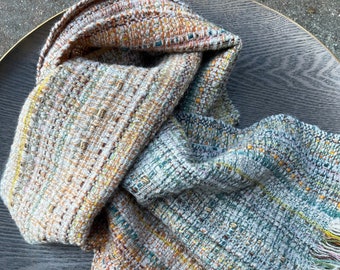 Handwoven luxury lambswool blanket scarf | blues, yellow, ochre and off-white