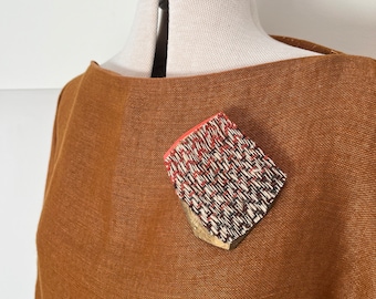 Statement wood and handwoven textile brooch | oranges, browns and ecru | woven in linen, wool and silk | hand painted balsa wood