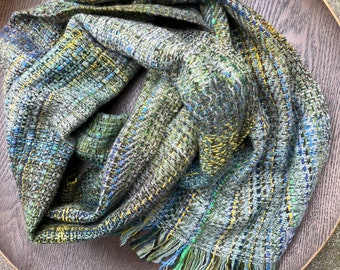 Handwoven luxury lambswool blanket scarf | greens, blues, yellow, grey and brown