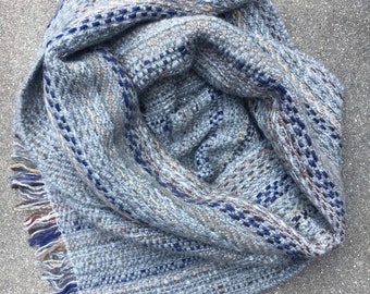 Handwoven luxury lambswool scarf | greys, blues and browns | alpaca and organic wool, linen and silk