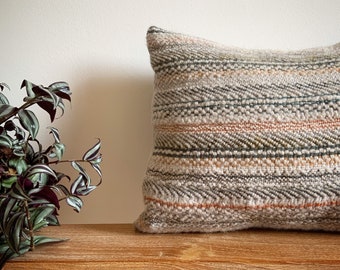 Handwoven organic wool cushion | luxury decorative pillow | ecological wool | orange, brown and ecru
