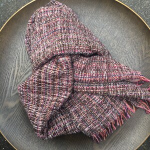 Handwoven luxury lambswool blanket scarf pinks, ochres, soft tangerine, brown and ecru image 9