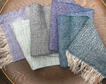 Handwoven luxury lambswool and linen scarf | blue, aqua, grey, green, mauve