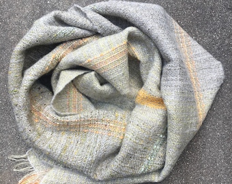 Handwoven luxury lambswool, silk, hemp, cotton and linen scarf | ecru, green, orange, grey
