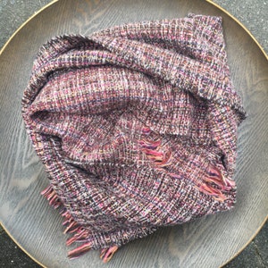 Handwoven luxury lambswool blanket scarf pinks, ochres, soft tangerine, brown and ecru image 1