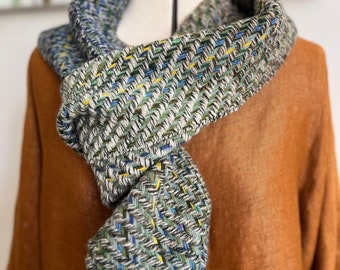 Handwoven luxury lambswool blanket scarf | greens, blues, yellow, grey and brown