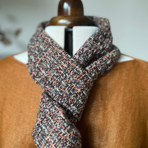 Handwoven small lambswool tippet scarf | soft grey, browns, charcoal, toffee, soft pink and dark aquamarine blue