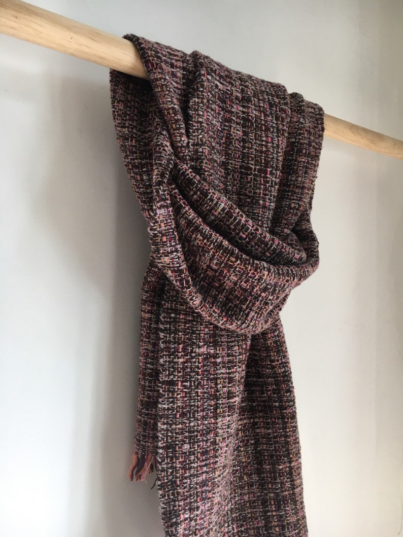 Handwoven luxury lambswool blanket scarf pinks, ochres, soft tangerine, brown and ecru image 8