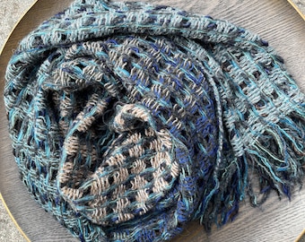 Handwoven luxury lambswool scarf | blues and greys