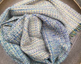 Handwoven luxury lambswool blanket scarf | ecru, blues and yellows